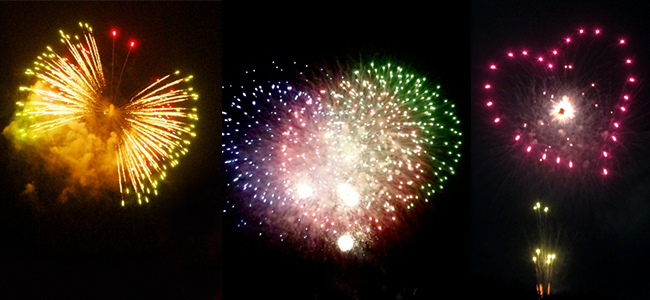 Fireworks in butterfly and heart shapes.
